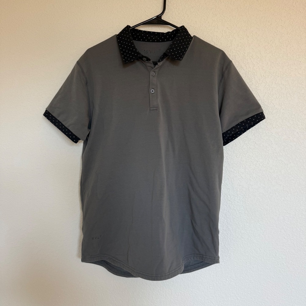 BYLT Basics Mens Drop-Cut Polo Shirt Grey Polka Dot Trim Stretch Size Medium